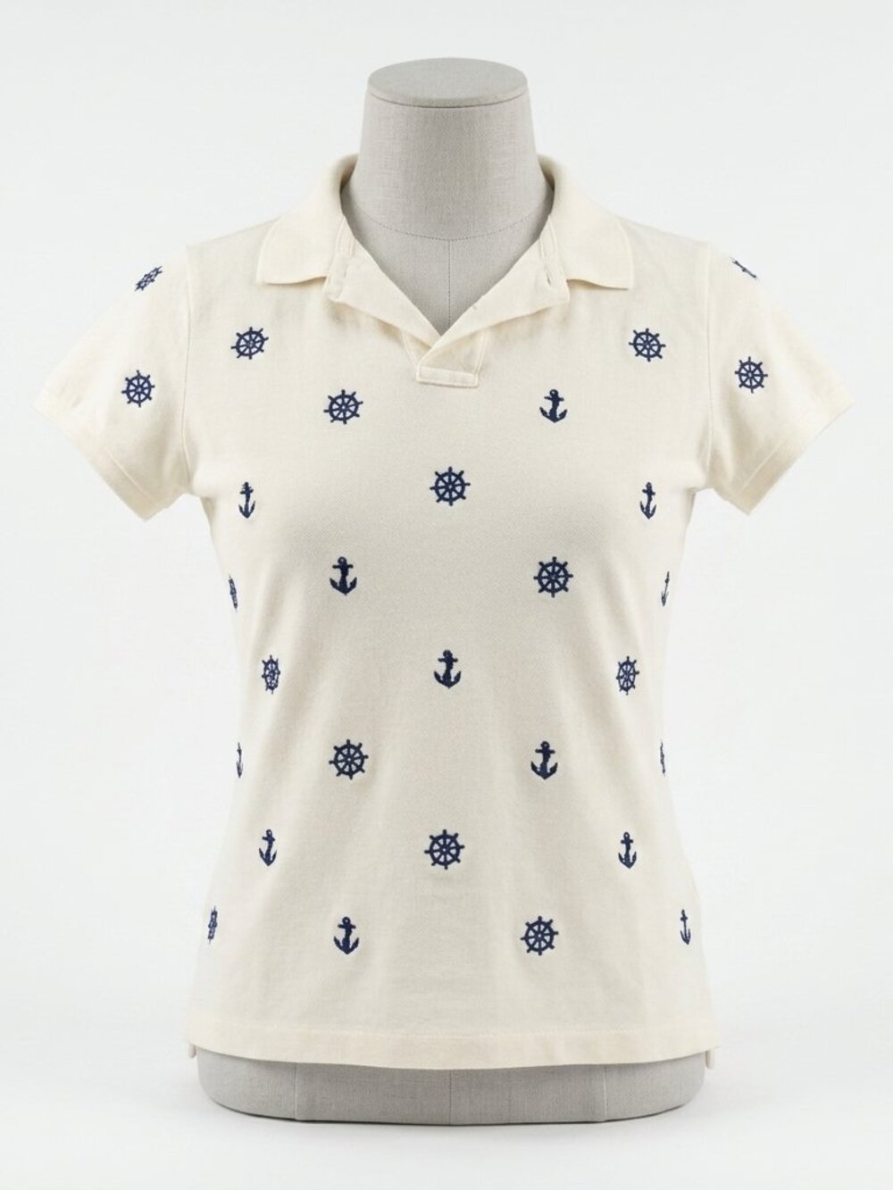 Ralph Lauren Nautical Polo Shirt Womens Large White Navy Embroidered Anchors